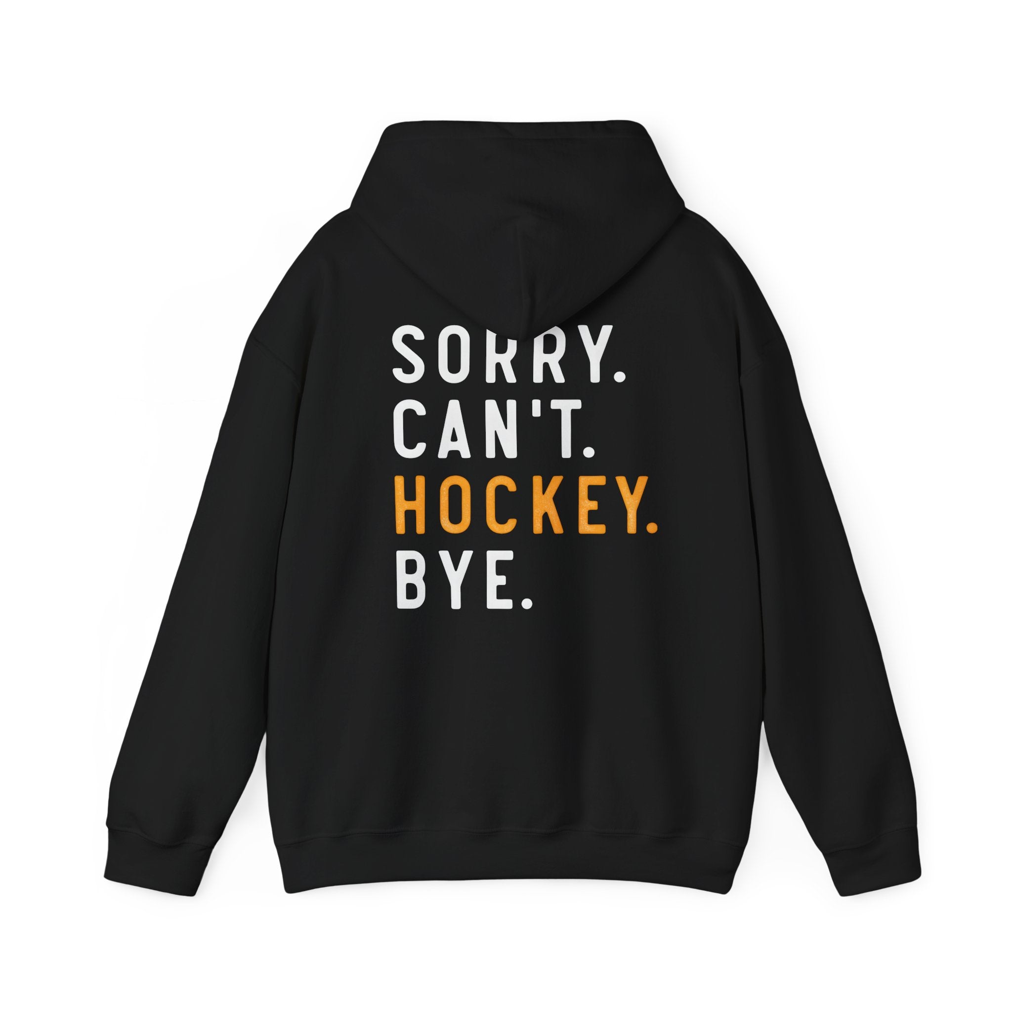 Black hoodie with text 'SORRY. CAN'T. HOCKEY. BYE.' on the back against a white background