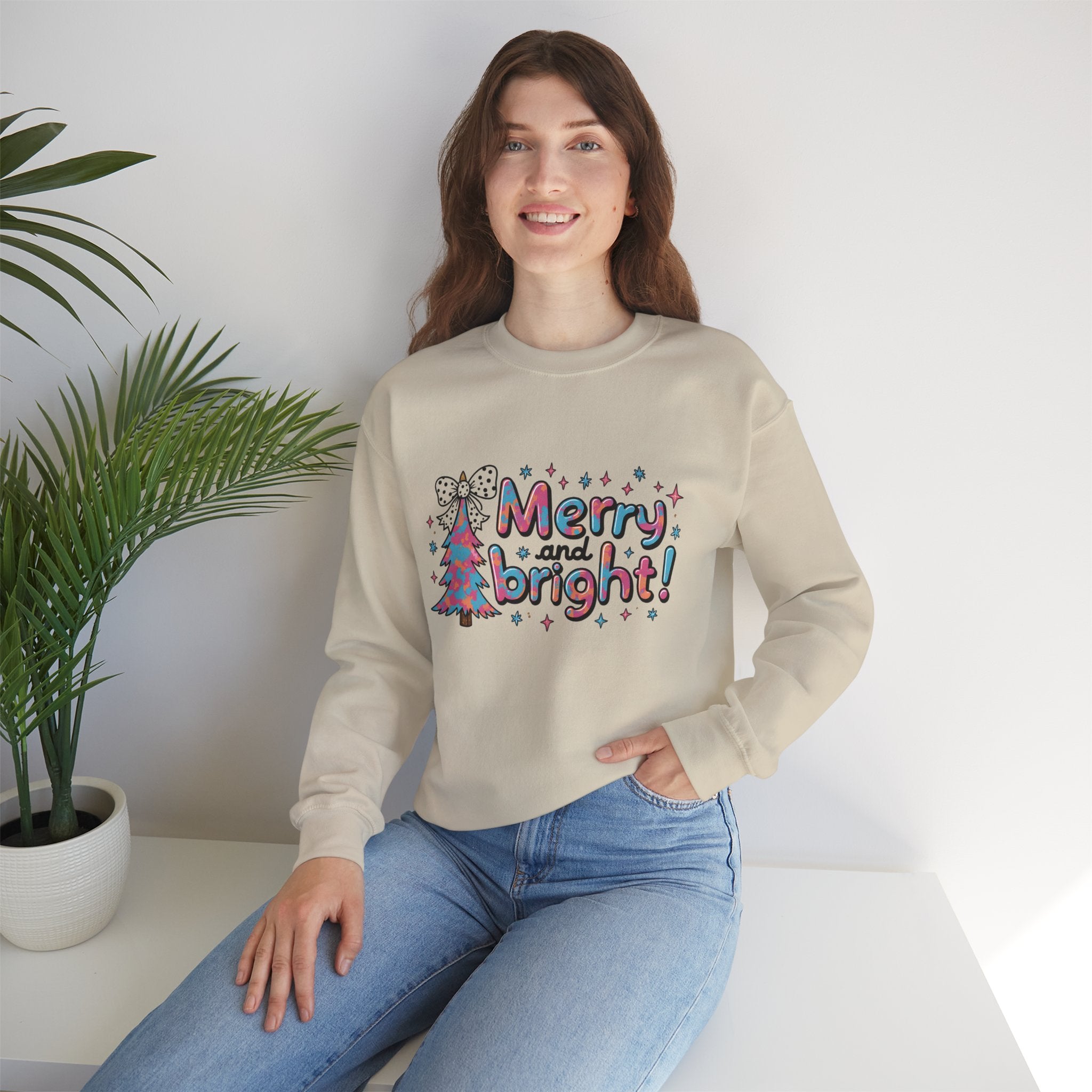 Merry and Bright Christmas Sweatshirt – Festive Holiday Design with Christmas Tree