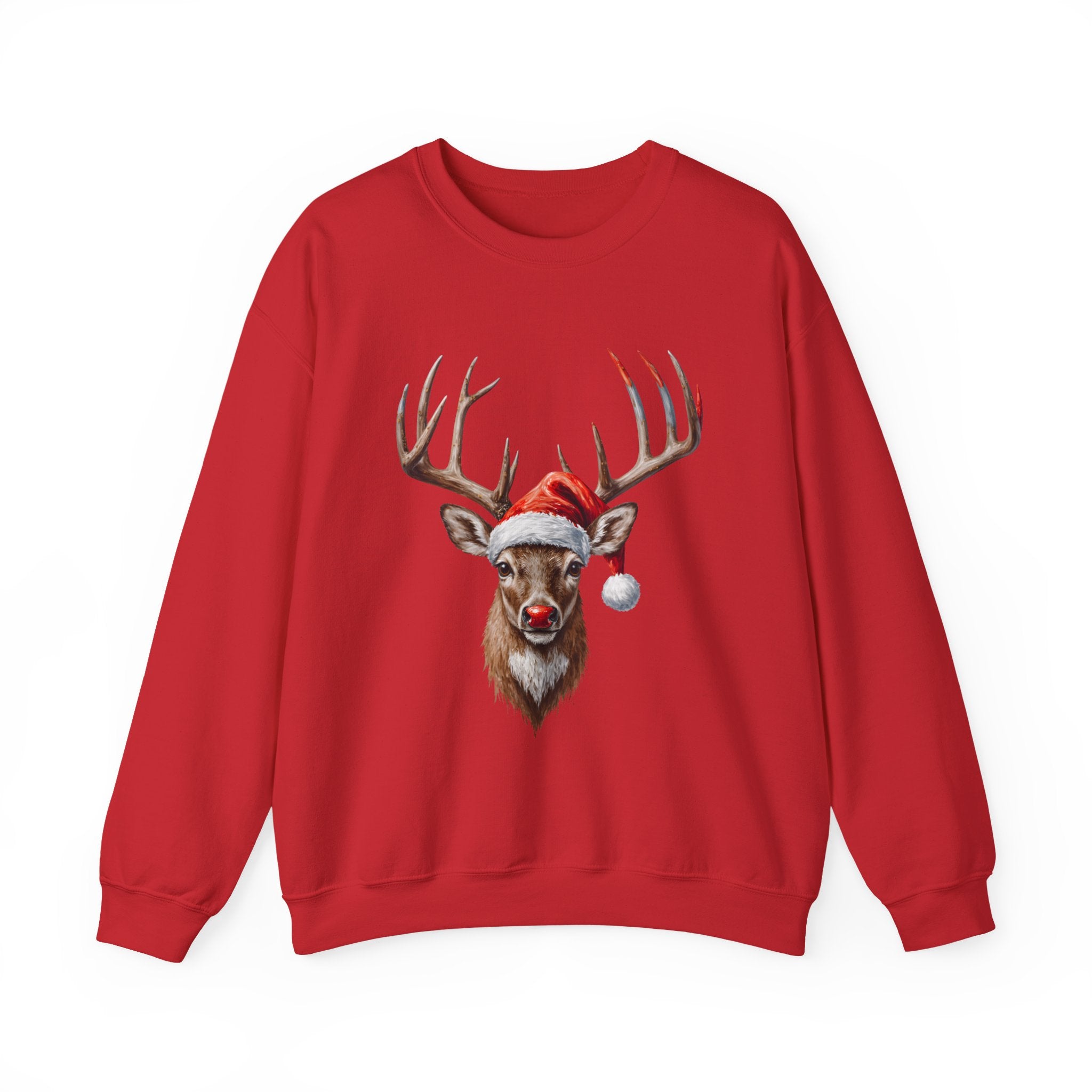 Christmas Reindeer Crewneck Sweatshirt – Santa Hat & Red Nose Holiday Sweater