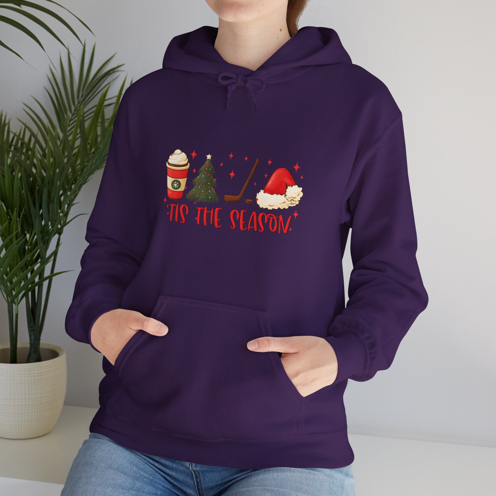 Tis The Season Holiday Hoodie – Christmas Icons (Coffee, Tree, Santa Hat)