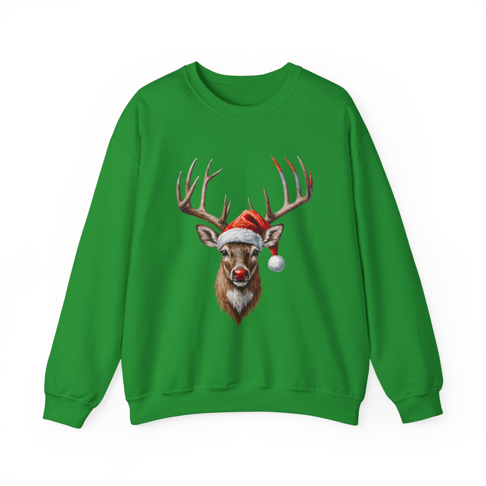 Christmas Reindeer Crewneck Sweatshirt – Santa Hat & Red Nose Holiday Sweater