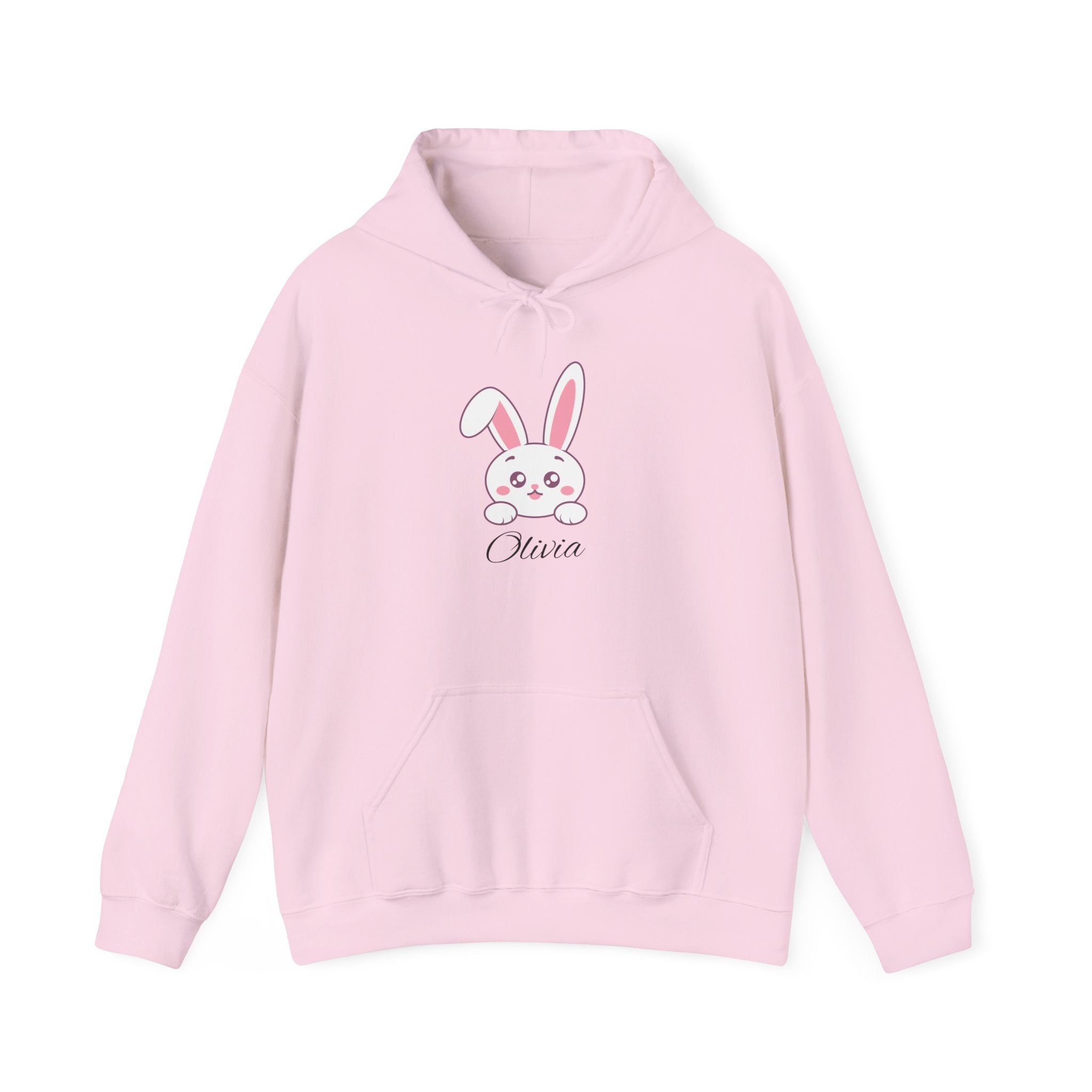 Pink hoodie with a cartoon bunny and text on a white background