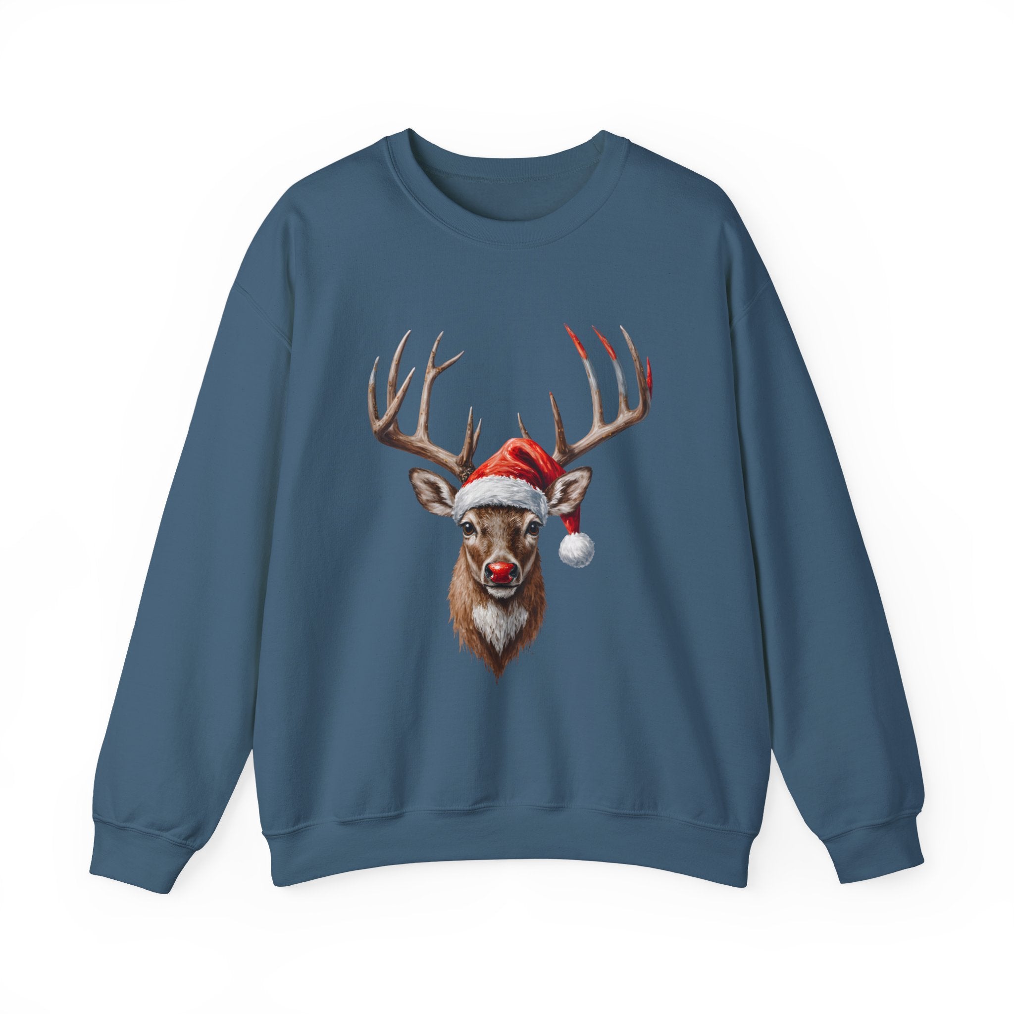 Christmas Reindeer Crewneck Sweatshirt – Santa Hat & Red Nose Holiday Sweater