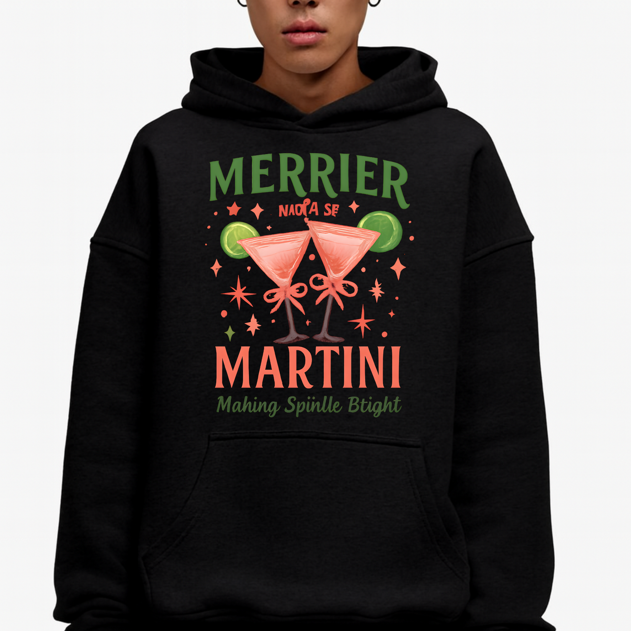 Merrier Martini Hoodie – Unisex Premium Holiday Pullover with Festive Cocktail Design
