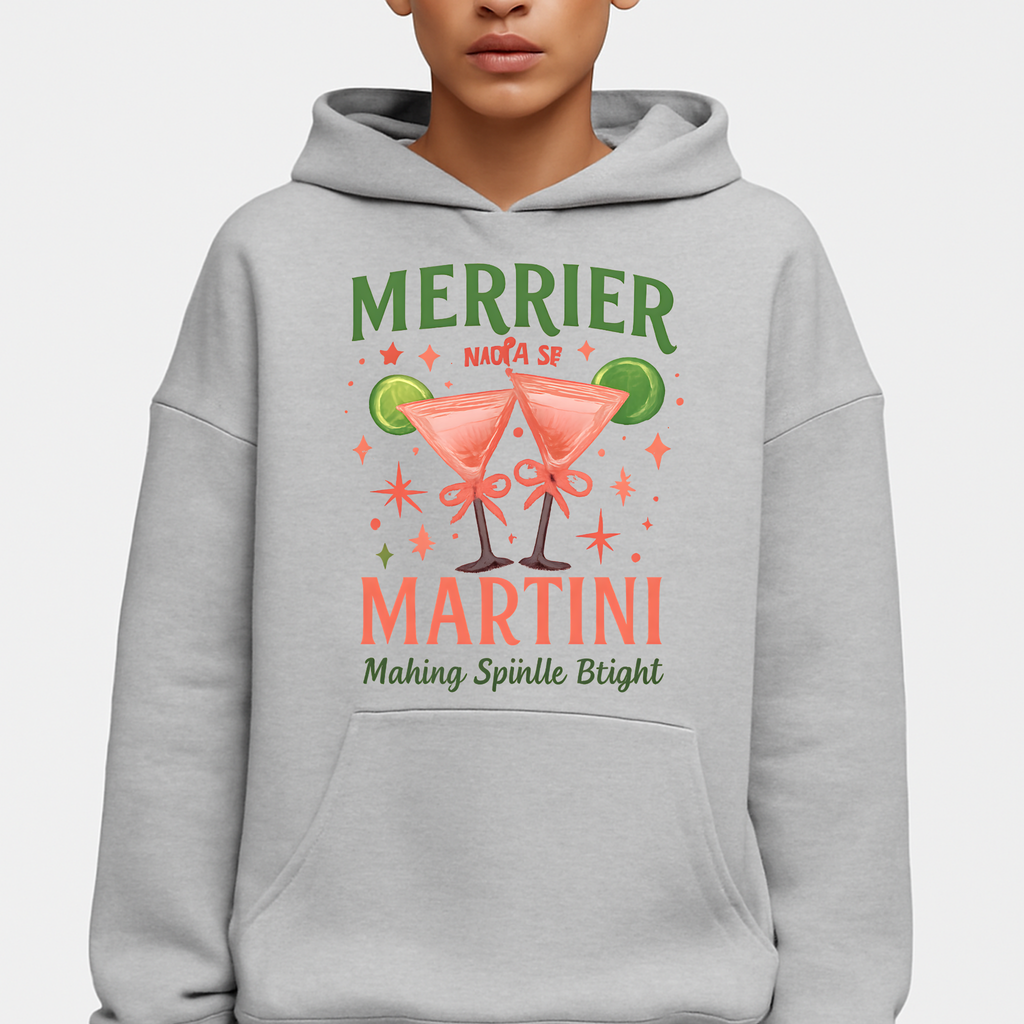 Merrier Martini Hoodie – Unisex Premium Holiday Pullover with Festive Cocktail Design