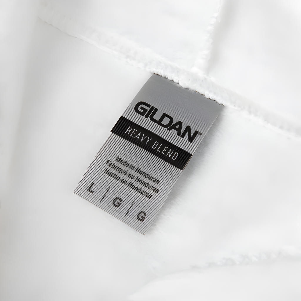 Gildan label on a white shirt
