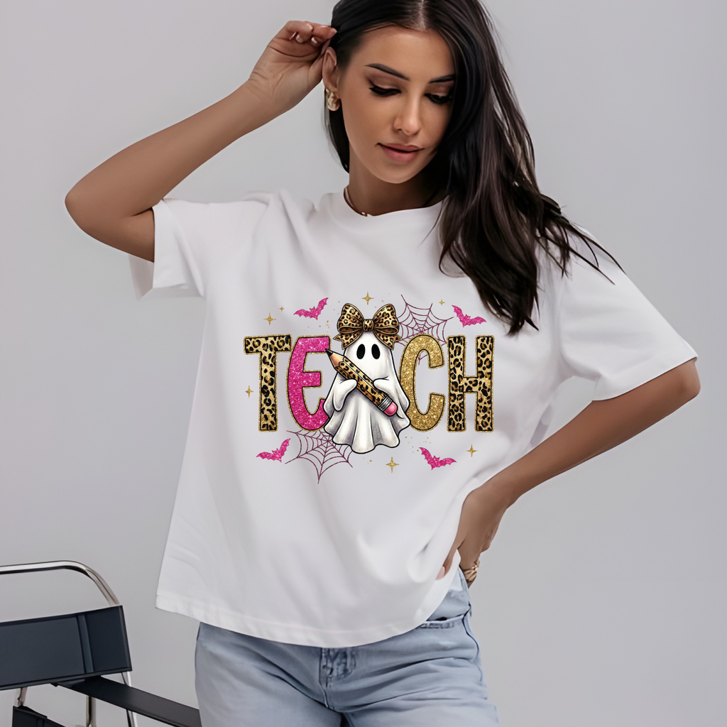 Teach Leopard Print Halloween T-Shirt – Ghost Graphic Tee for Teachers