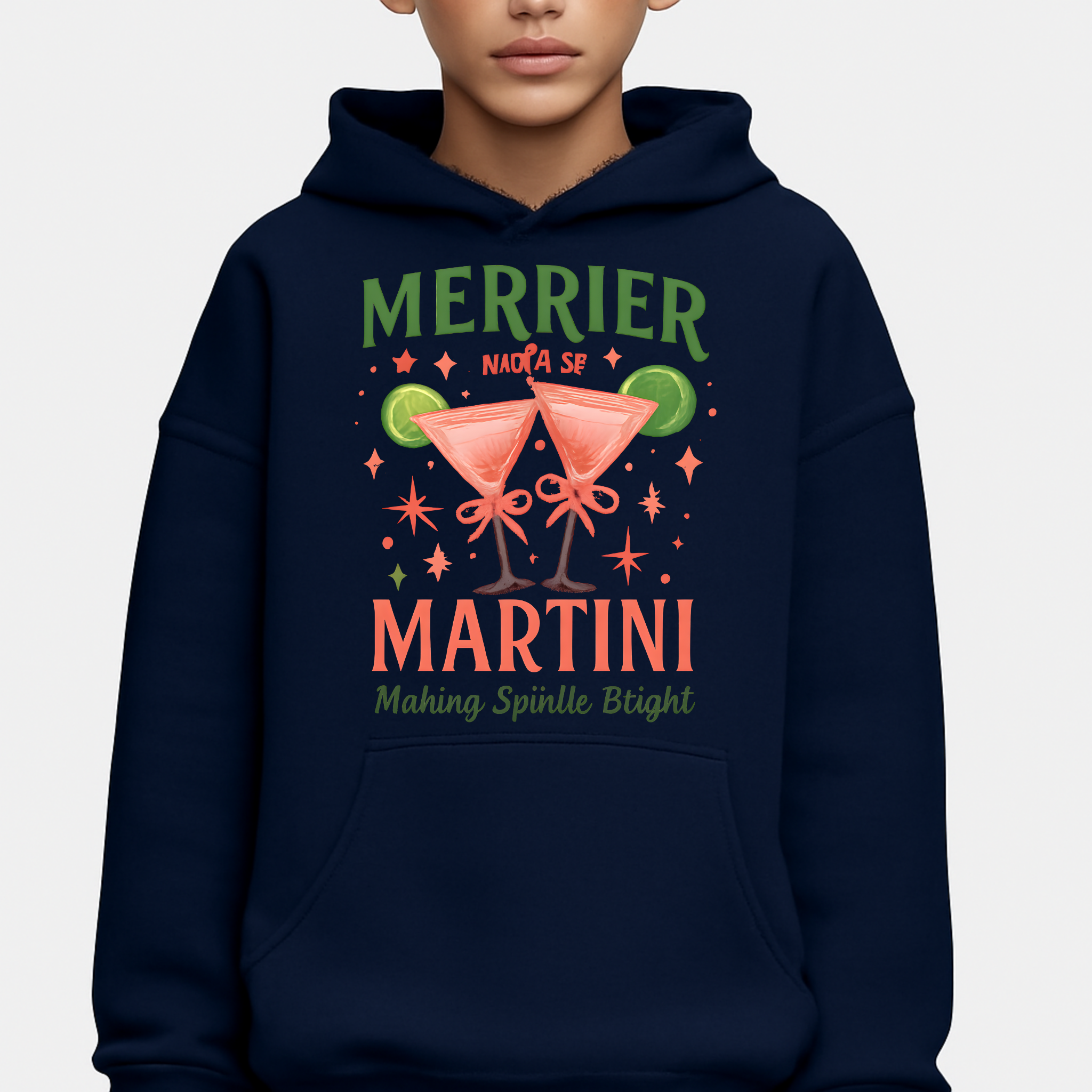 Merrier Martini Hoodie – Unisex Premium Holiday Pullover with Festive Cocktail Design