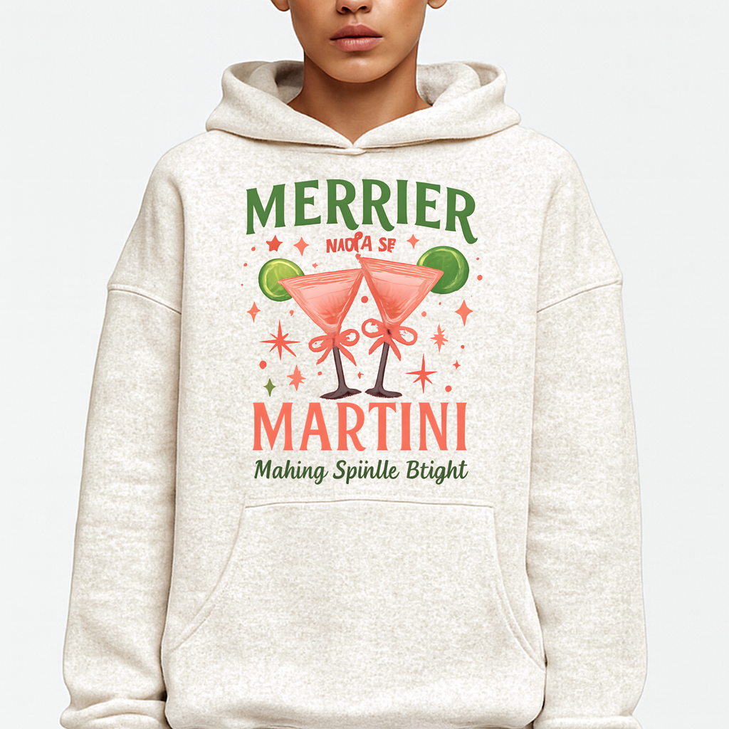 Merrier Martini Hoodie – Unisex Premium Holiday Pullover with Festive Cocktail Design