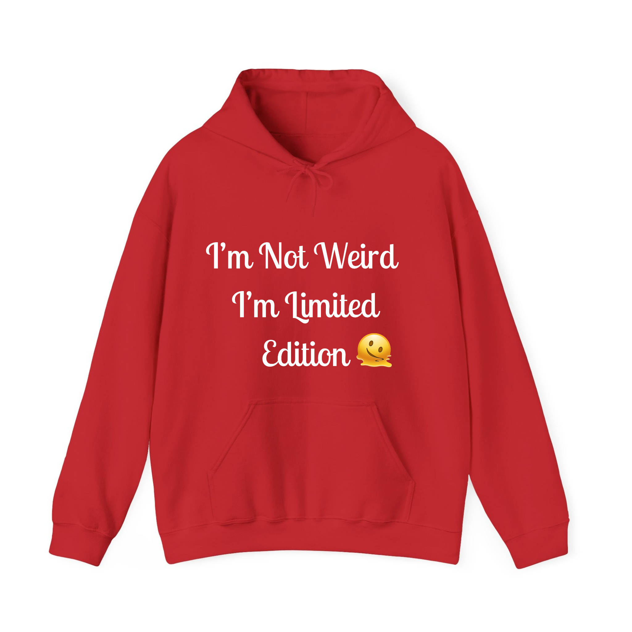 Red hoodie with white text and a yellow emoji on a white background