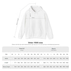 White hoodie with measurement chart on a white background