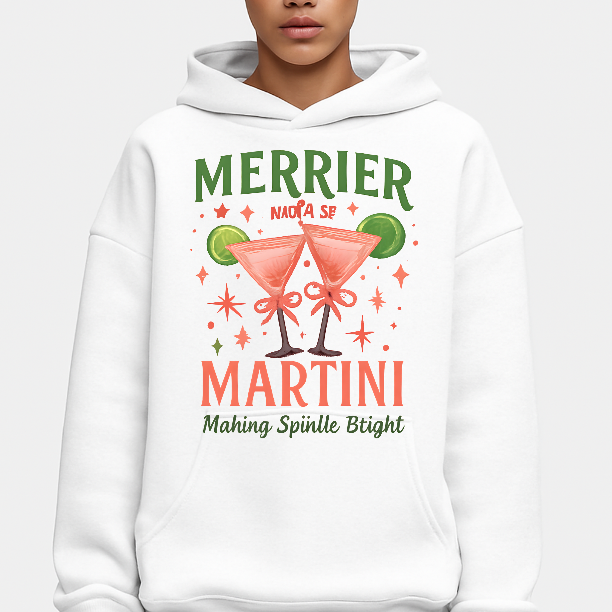 Merrier Martini Hoodie – Unisex Premium Holiday Pullover with Festive Cocktail Design