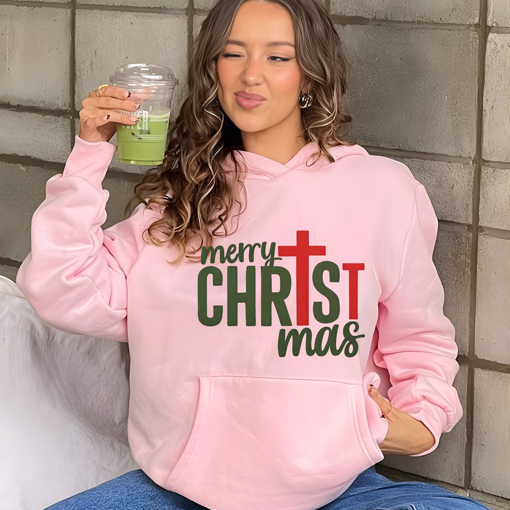 Merry Christmas Hoodie – Unisex Holiday Pullover with Religious Cross Design Premium Hoodie