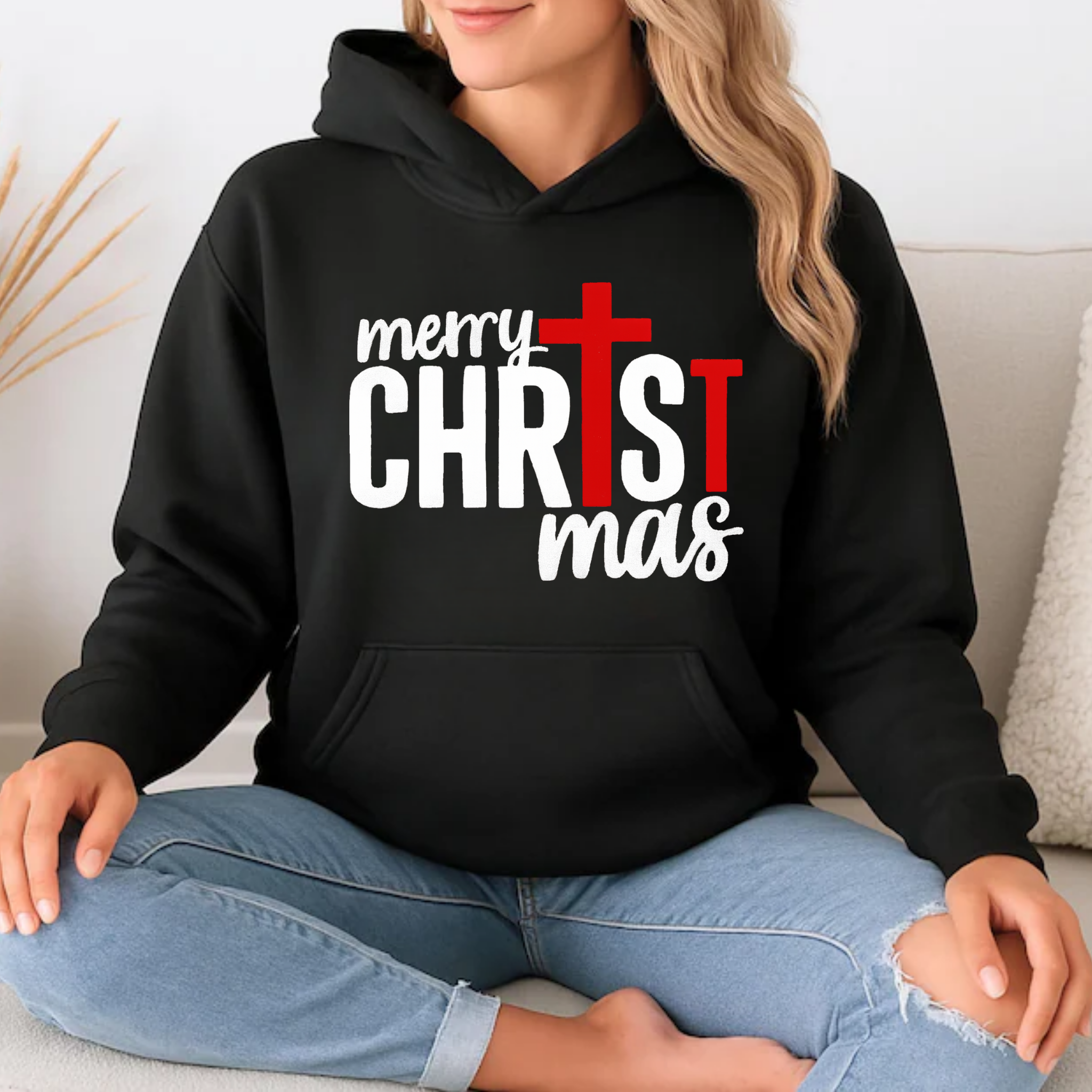 Christmas Cross Zip Hoodie – "Merry Christ-mas" Faith Holiday Sweatshirt – Custom Religious Christmas Apparel