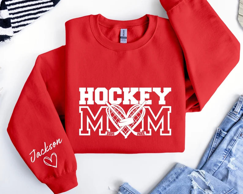Personalized Hockey Mom Hoodie – Heart & Crossed Sticks Pullover