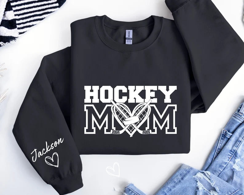 Personalized Hockey Mom Hoodie – Heart & Crossed Sticks Pullover