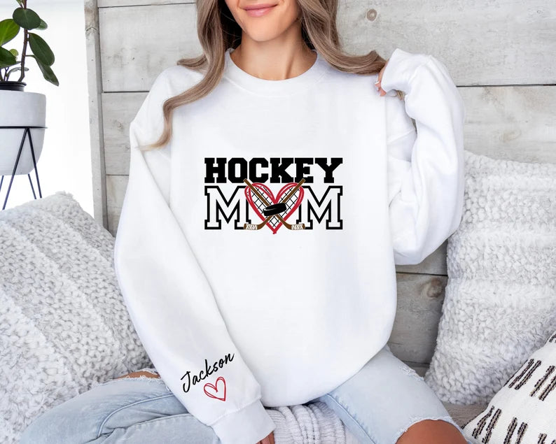 Personalized Hockey Mom Hoodie – Heart & Crossed Sticks Pullover