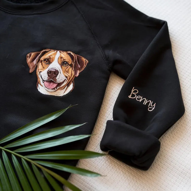 Custom Embroidered Pet Portrait Sweatshirt, Personalized Dog Cat Crewneck