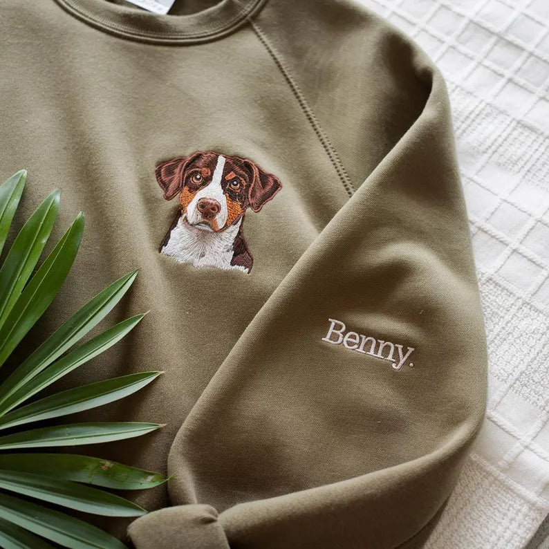 Custom Embroidered Pet Portrait Sweatshirt, Personalized Dog Cat Crewneck